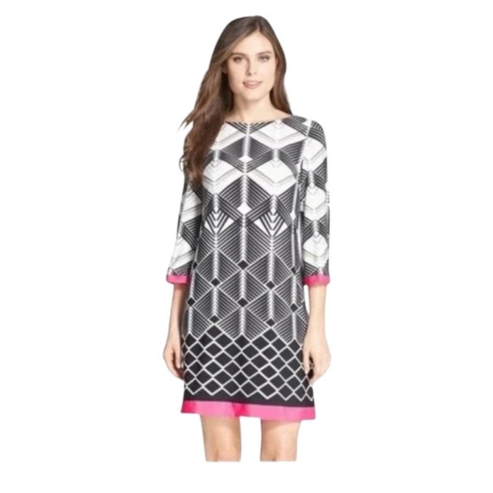 Eliza J Womens 4 Shift Dress Black White Pink Geometric Print 3/4 Sleeve Zip